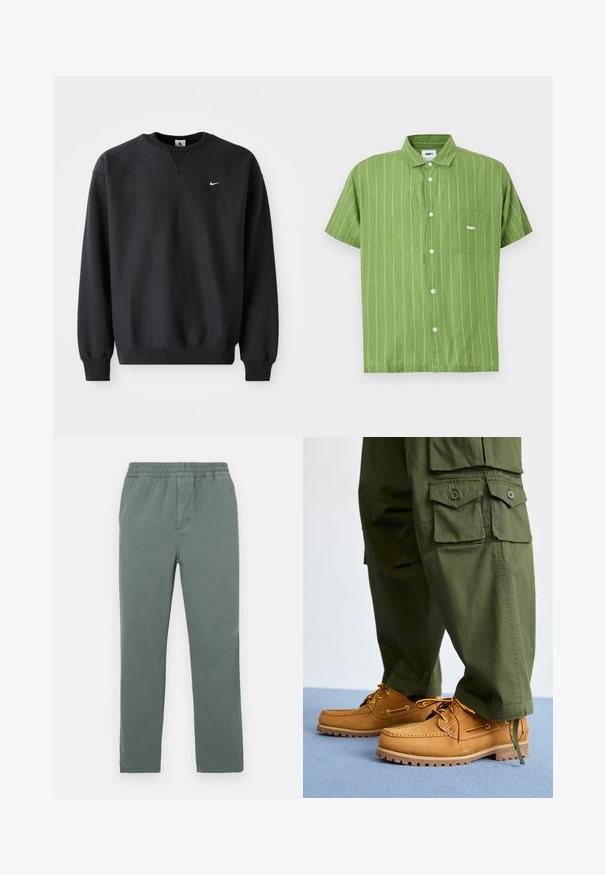 Must musta musta, millel on ümmargune kaelus ja pikad varrukad, ning rinnal on ikooniline valge swoosh logo.; Roheline lühikeste varrukatega nööpidega särk, millel on valged vertikaalsed triibud ja vasakul rinnal tasku "OBEY" logoga.; Rohelised puuvillasegused püksid kummiga vöökohas, sirge säärega ja peene tekstuuriga. Omavad küljetaskuid ja keskset õmblust.; Timberland AUTHENTIC 3 EYE - Purjetamiskingad - wheat