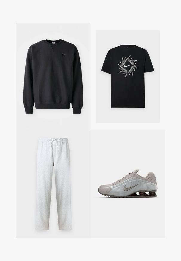 Μαύρη φόρμα Nike με στρογγυλή λαιμόκοψη και μακριά μανίκια, με το εμβληματικό λογότυπο swoosh σε λευκό στο στήθος.; Μαύρο κοντομάνικο μπλουζάκι με λευκό λογότυπο Nike στο κέντρο, περιτριγυρισμένο από δυναμικό κυκλικό σχεδιασμό με αιχμές.; Γκρι φόρμας από μαλακό ύφασμα, με ελαστική μέση και κορδόνι, και ίσια μπατζάκια. Χωρίς σχέδια ή διακοσμητικά στοιχεία.; Αθλητικά παπούτσια τρεξίματος Nike σε ανοιχτό γκρι, με λεία υφή, καμπύλη σχεδίαση και ορατά ελατήρια απορρόφησης κραδασμών σε σκούρο καφέ στην φτέρνα.