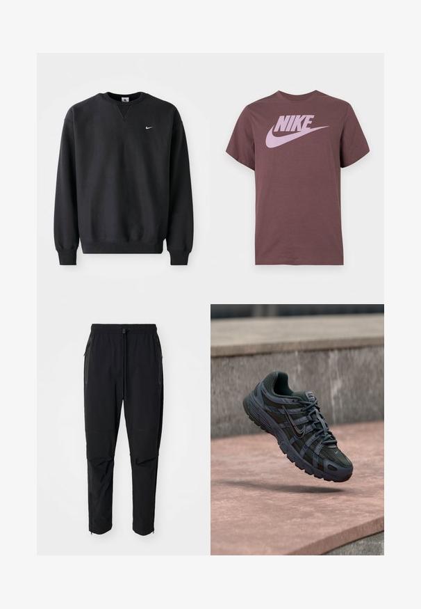 Mustavalkoinen Nike-huppari, jossa on pyöreä kaula-aukko ja pitkät hihat, sekä ikoninen valkoinen swoosh-logo rinnassa.; Lyhythihainen ruskea Nike T-paita, jossa suuri vaaleanpunainen Nike-logo ja swoosh rinnassa, yksivärinen tausta.; Mustat, kevyet ulkoiluhousut, joissa on joustava vyötärö ja säädettävä nyöri. Varustettu vetoketjullisilla taskuilla ja kapeilla lahkeilla.; Tummaharmaa Nike juoksukenkä, jossa verkkokangas ja synteettinen muotoilu, leijuu vaaleanpunertavan betonipinnan yläpuolella harmaan kivitaustan edessä.