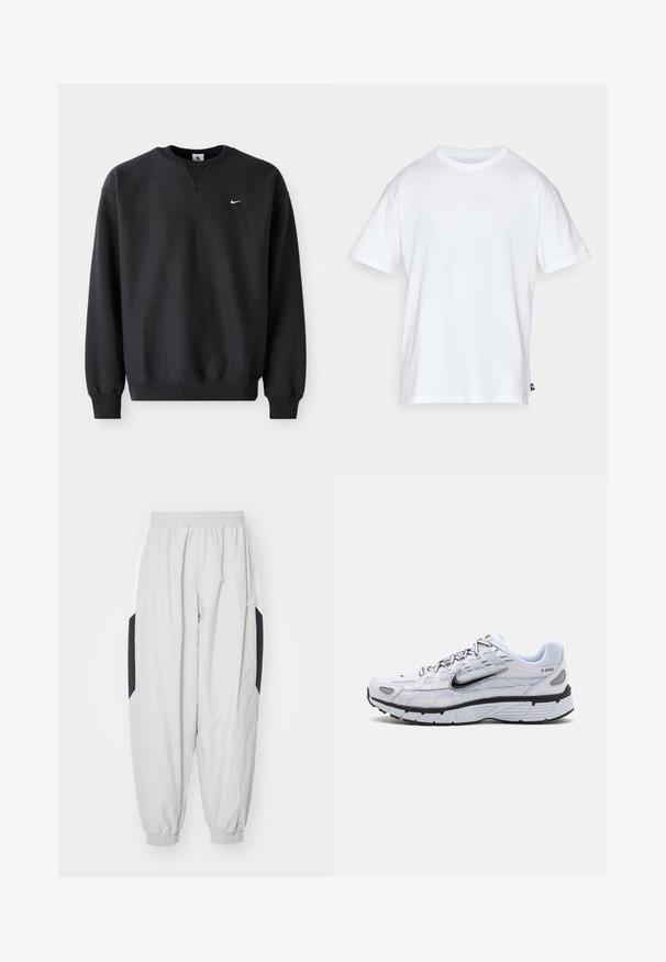 Must musta musta, millel on ümmargune kaelus ja pikad varrukad, ning rinnal on ikooniline valge swoosh logo.; Valge puuvillane t-särk lühikeste varrukatega ja ümmarguse kaelusega. Sellega on kaasas väike, tagasihoidlik Nike logo rinnal ja külgmine silt.; Heledad hallhalli trackipüksid, mis on valmistatud kergest kangast, elastse vöökoha ja varrukatega, mustade ja valgete kontrastsete küljeelementidega.; Valge jooksutoss, millel on võrkmaterjalist pealis, ümar varvas, mustad aksessuaarid ja mustriline tall. Omab paeltega kinnitamist ja brändingut külgedel.