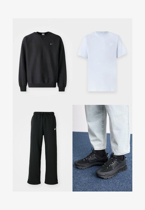 Must musta musta, millel on ümmargune kaelus ja pikad varrukad, ning rinnal on ikooniline valge swoosh logo.; Hele sinine puuvillane t-särk lühikeste varrukatega, ümar kaelus ja valge Nike logo trükituna vasakul rinnal. Sile tekstuur, lihtne disain.; Mustad mustad, pehmest kangast, millel on elastne vöökoht koos reguleeritava nööriga ja väike logo aktsent külje peal.; Mustad mustad jooksukingad, millel on tekstureeritud kangas ja kummist tallad, elastsed nöörid ning sinine aksent kandadel. Kandmine heledate teksadega.