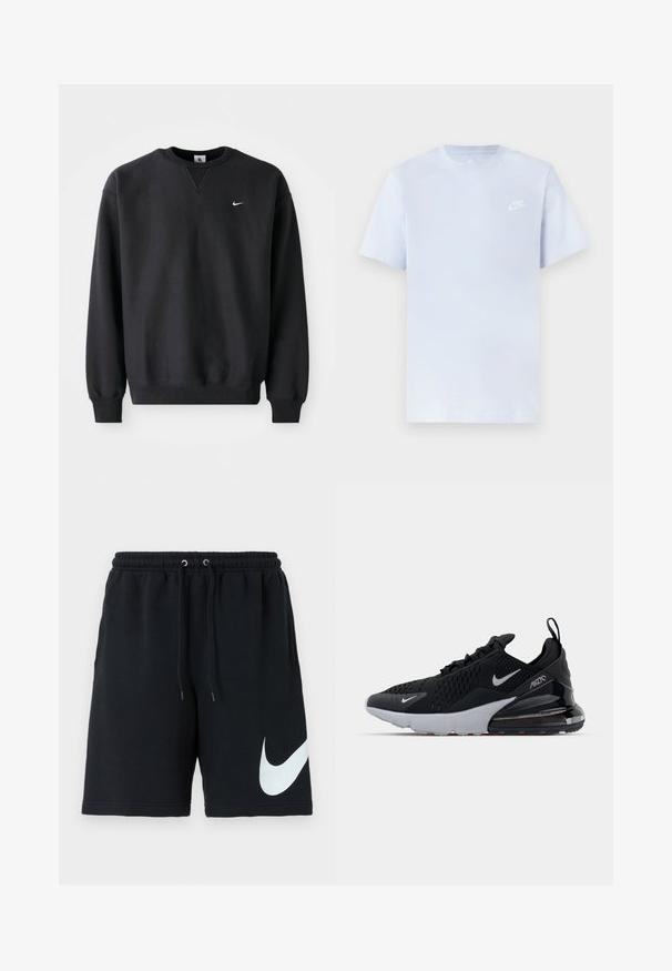 Sort Nike sweatshirt med rund halsudskæring og lange ærmer, med det ikoniske swoosh-logo i hvidt på brystet.; Lyseblå bomulds t-shirt med korte ærmer, rund hals og et hvidt Nike-logo trykt på venstre bryst. Glat tekstur, simpelt design.; Sorte bomuldsbukser med elastisk talje, snoretræk, sidelommer og et stort hvidt Nike-logo trykt på venstre side.; Sort atletiksko med mesh-overdel, hvid sål og synlig luftdæmpning i hælen. Slank design med diskrete sølvdetaljer.