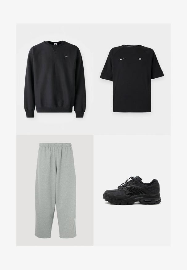 Čierna mikina Nike so zaobleným výstrihom a dlhými rukávmi, s ikonickým bielym swoosh logom na hrudi.; Čierne športové tričko Nike s krátkym rukávom a bielym logom swoosh na ľavej strane hrude a malým štvorcovým emblémom na pravej strane hrude, jednofarebné pozadie.; Svetlosivé tepláky s elastickým pásom, zúženým strihom nohavíc a mäkkou textúrou. Bez viditeľného loga alebo vzorov.; Čierna atletická teniska s texturovanou tkaninou, hrubou polstrovanou podrážkou, odvetrávacími otvormi a šnurovaním, zobrazená z boku na svetlom pozadí.