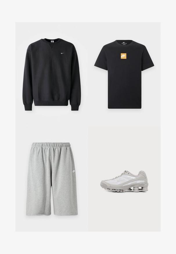 Must musta musta, millel on ümmargune kaelus ja pikad varrukad, ning rinnal on ikooniline valge swoosh logo.; Must lühikeste varrukatega Nike T-särk, millel on väike oranž ruudukujuline logo ja valge Nike kaar rinnaku keskel.; Hallid puuvillased püksid elastse vöökoha ja lahtise lõikega, väike valge logo ääre lähedal. Sile tekstuur, pikkus üle põlve.; Hall-valge spordijalats nähtava õhkmadratsi ja võrgust detailidega, esitatud küljepildina lihtsal heledal taustal.