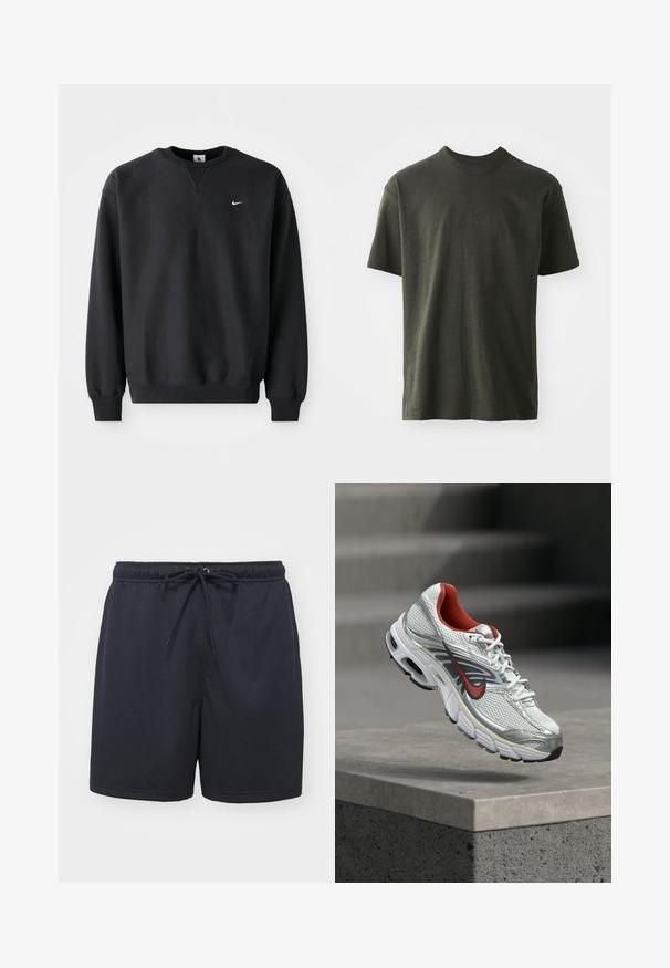 Čierna mikina Nike so zaobleným výstrihom a dlhými rukávmi, s ikonickým bielym swoosh logom na hrudi.; Tmavohnedé tričko vyrobené z jemnej látky, s kulatým výstrihom a krátkymi rukávmi. Vyšívané logo "nike" v mierne tmavšej zelenej.; Čierne atletické šortky vyrobené z textúrovaného, priedušného materiálu; obsahujú elastický pás so šnúrkou pre nastaviteľné prispôsobenie.; Biely a strieborný bežecký topánka Nike s červenými akcentmi, ktorý visí nad betónovou hranou a ukazuje jeho bočné a podrážkové detaily.