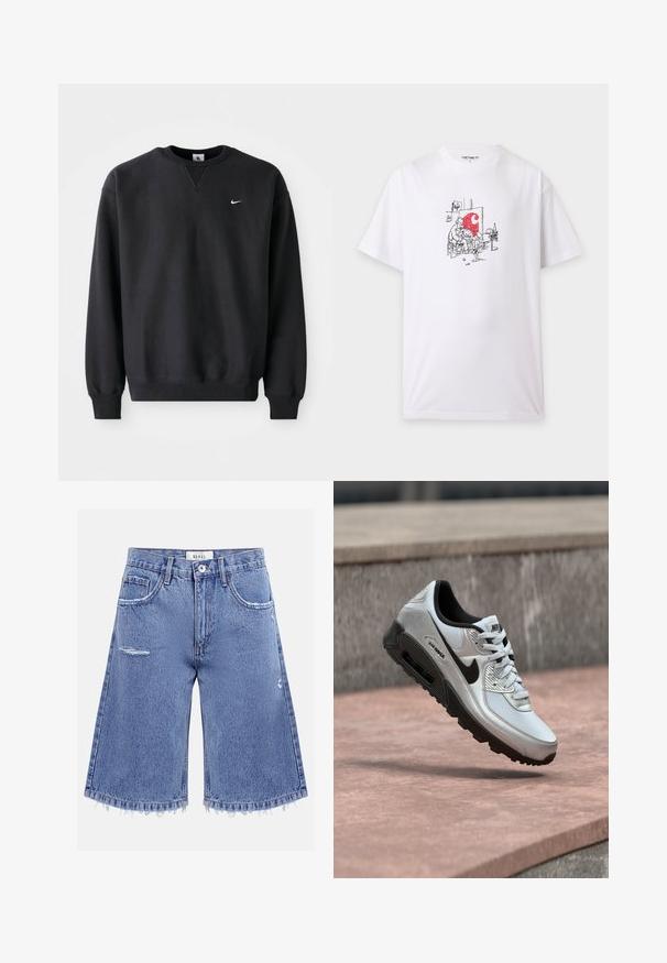 Must musta musta, millel on ümmargune kaelus ja pikad varrukad, ning rinnal on ikooniline valge swoosh logo.; Valge t-särk väikese musta visandiga kahest maalimisest tegelevast inimesest, üks istub ja teine seisab, punase plekiga lõuendil kunstistuudio keskkonnas.; Helesinised teksapüksid põlvepikkusega, kulunud detailidega, narmendavate äätega, viie taskuga ja ees nööbiga kinnitusega.; Valge ja hall Nike Air Max toss musta tallaga ja logoga, nähtaval õhus kivipinna kohal, taustal hall sein.