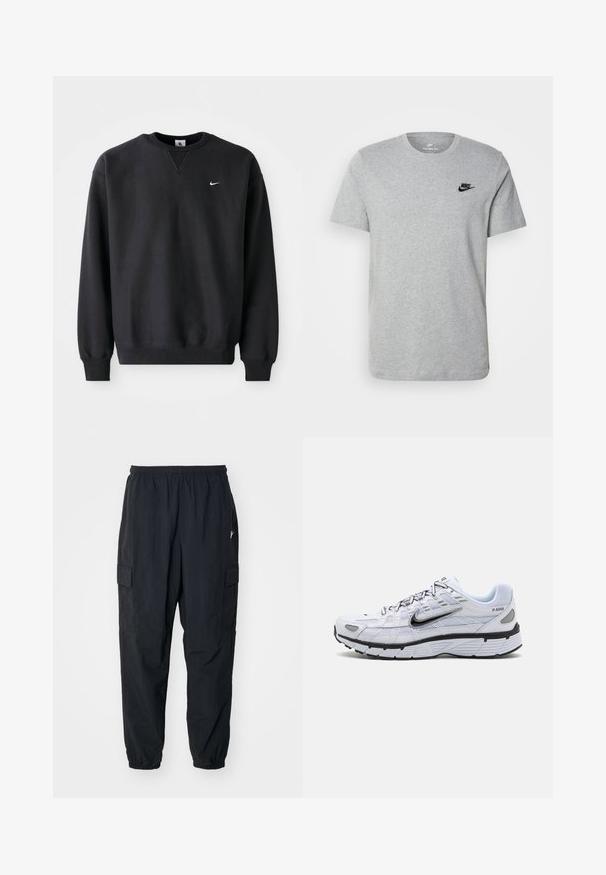 Must musta musta, millel on ümmargune kaelus ja pikad varrukad, ning rinnal on ikooniline valge swoosh logo.; Halli lühikeste varrukatega T-särk, mis on valmistatud puuvillast ja millel on rinnal must Nike'i logo ning ümar kaelus. Minimalistlik disain, ilma mustriteta.; Mustad mustad püksid kergest materjalist, elastse vöökoha, küljetaskute ja lõdva istuvuse ning elastsete mansettidega.; Valge jooksutoss, millel on võrkmaterjalist pealis, ümar varvas, mustad aksessuaarid ja mustriline tall. Omab paeltega kinnitamist ja brändingut külgedel.