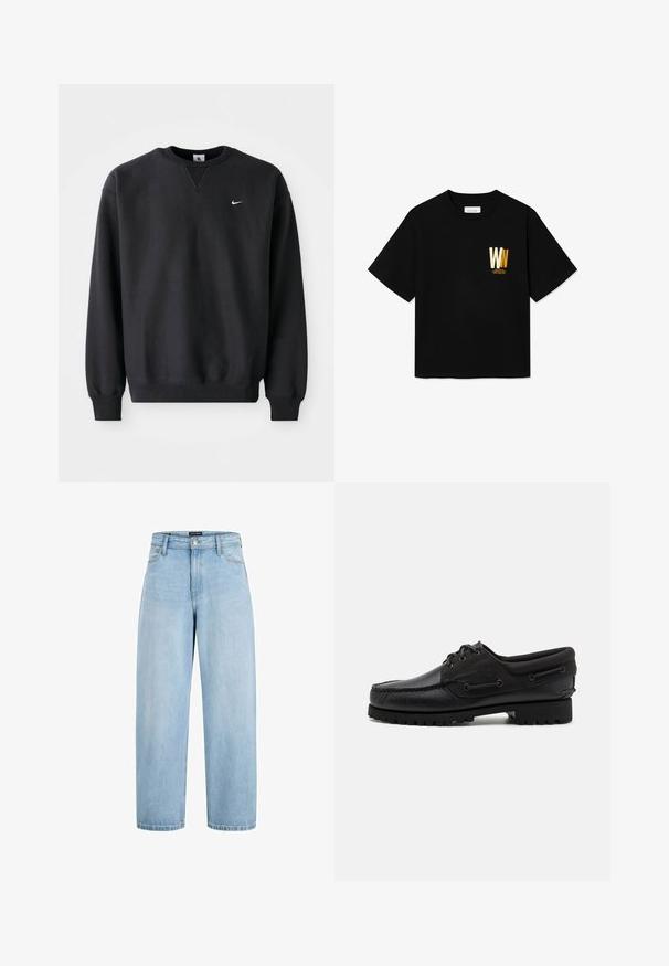 Mustavalkoinen Nike-huppari, jossa on pyöreä kaula-aukko ja pitkät hihat, sekä ikoninen valkoinen swoosh-logo rinnassa.; Musta puuvillainen t-paita, jossa on lyhyet hihat, pyöreä pääntie ja edessä kullan- ja valkoisenvärisellä tekstillä "WN" oleva kuvio.; Vaaleansinisenä korkeavyötäröiset leveälahkeiset farkut, joissa etutaskut, vyölenkit sekä nappi- ja vetoketjukiinnitys.; Musta kenkä, jossa on nahkainen päällinen, tekstiilikoristeet, pyöreät nauhat ja teksturoitu kumipohja. Sisältää mokkasiiniompeleen ja bränditunnuksen.