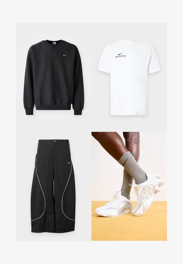 Čierna mikina Nike so zaobleným výstrihom a dlhými rukávmi, s ikonickým bielym swoosh logom na hrudi.; Biele bavlnené tričko s krátkym rukávom. Na ľavej strane hrudníka je čierne logo "Nike Official" a čierny znak Swoosh.; Čierne nohavice Nike s širokými nohavicami, neónovo zeleným zakriveným lemovaním a malým logom Nike Swoosh na pravej stehne, zapínanie na gombík a zips v páse.; Biele tenisky Nike so striebornými akcentmi, vybavené textúrovanými panelmi a perforáciami. Spárované so šedými rebrovanými ponožkami, umiestnené na žltom pozadí.