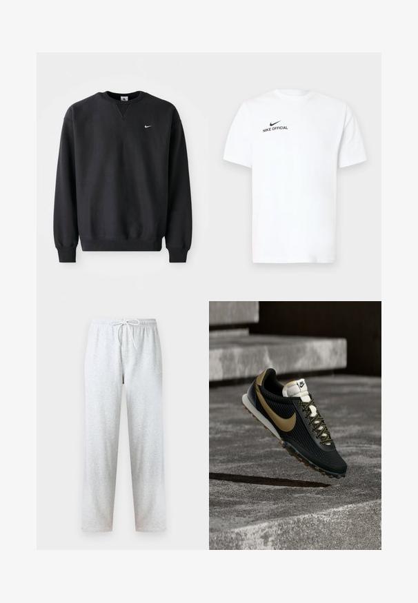 Sudadera negra de Nike con cuello redondo y mangas largas, con el icónico logo de swoosh en blanco en el pecho.; Camiseta blanca de algodón con mangas cortas. Presenta un logo negro de "Nike Official" y una marca de verificación (swoosh) negra en el lado izquierdo del pecho.; Pantalones deportivos grises hechos de tela suave, con una cintura elástica con cordón y piernas rectas. No se observan patrones ni detalles.; Zapatilla de running Nike negra y dorada con parte superior texturizada y cordones estampados, flotando sobre una superficie rugosa de hormigón y escalones.