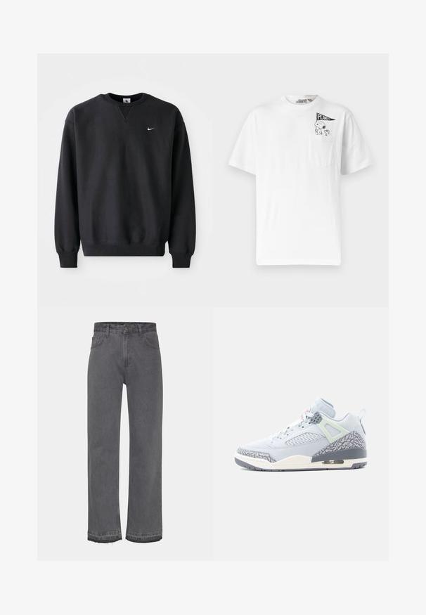 Must musta musta, millel on ümmargune kaelus ja pikad varrukad, ning rinnal on ikooniline valge swoosh logo.; Valge lühikeste varrukatega T-särk vasakul rinnal väikese taskuga, kus on kujutatud Snoopy ja Woodstock kandmas "PEANUTS" lippu.; Hallid hallid teksad, mis on valmistatud denimist, omavad pleekinud viimistlust, nööbikinnitust ja kulunud ääri. Kahel külgpoolses taskud on nähtavad.; Heled hall sneaker tekstureeritud halli elevandiprindiga, võrkpaneelide ja piparmündiroheliste aktsentidega. Omab nähtavat õhuühikut tallas.