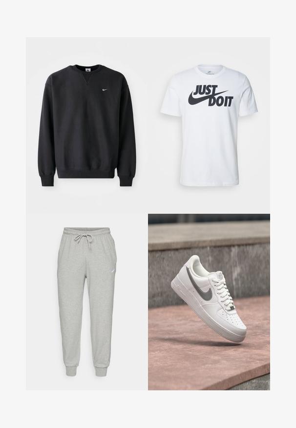 Sudadera negra de Nike con cuello redondo y mangas largas, con el icónico logo de swoosh en blanco en el pecho.; Camiseta de algodón blanca con un prominente logo negro "Just Do It" y el swoosh de Nike. Diseño clásico de cuello redondo con mangas cortas.; Pantalones jogger de forro polar gris con cintura elástica, cordón ajustable y puños en los bajos. Presentan un pequeño logo blanco en el lado izquierdo.; Zapatilla blanca Nike Air Force 1 con logo swoosh gris flotando sobre una superficie de piedra y un fondo de pared de piedra gris.