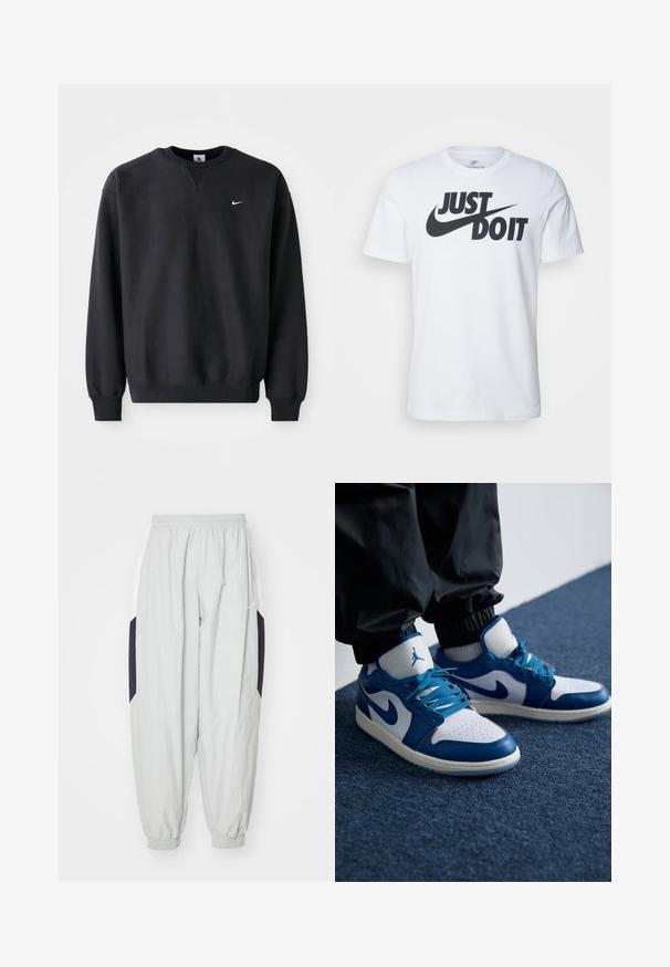 Μαύρη φόρμα Nike με στρογγυλή λαιμόκοψη και μακριά μανίκια, με το εμβληματικό λογότυπο swoosh σε λευκό στο στήθος.; Λευκό μπλουζάκι από βαμβάκι με έντονο μαύρο λογότυπο "Just Do It" και σήμα Nike. Κλασικός σχεδιασμός με στρογγυλή λαιμόκοψη και κοντά μανίκια.; Ανοιχτό γκρι σορτς από ελαφρύ ύφασμα, με ελαστική μέση και μανσέτες, καθώς και αντίθετες μαύρες και λευκές πλαϊνές ρίγες.; Τα παπούτσια Nike Air Jordan διαθέτουν λευκή δερμάτινη βάση με μπλε συνθετικά στοιχεία, περφοριέται μπροστινός τομέας και μπλε κορδόνια.