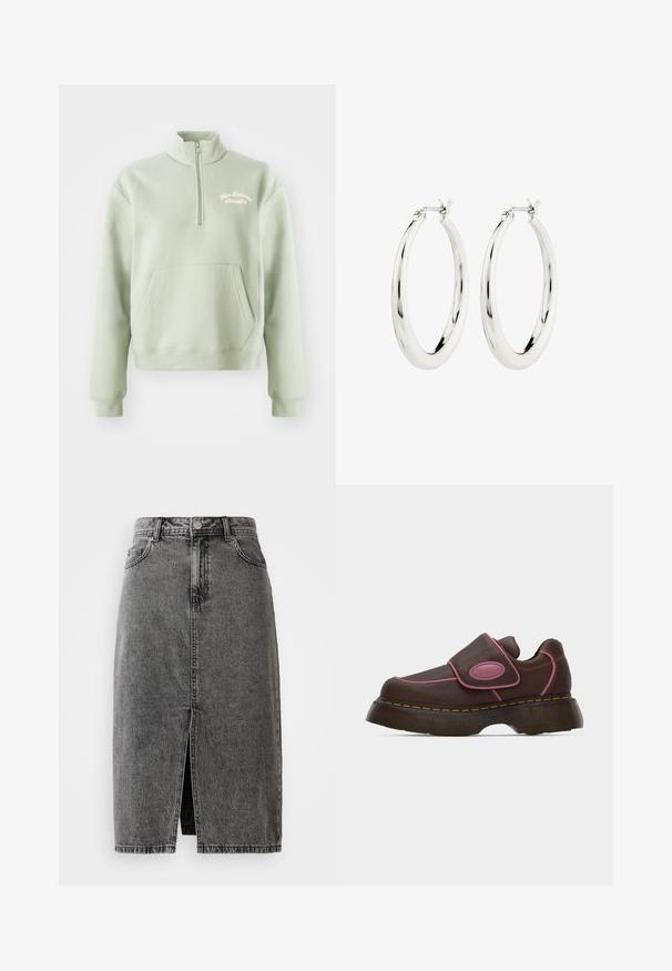 Lysegrøn zip-up sweatshirt med høj krave, kengurulomme og broderet "New Balance Athletics" logo på brystet. Blød tekstur.; Højtaljet, falmet sort denim midi-nederdel med en frontslids, bæltesløjfer og klassisk fem-lomme design.; Brun lædersko med elastik, tyk sort sål, pink syninger og en pink oval logo-patch på remmen.; Sølvøreringe i form af hoops med en glat, blank finish. Cirkulær form, der har en sikker lås. Simpelt og elegant design.