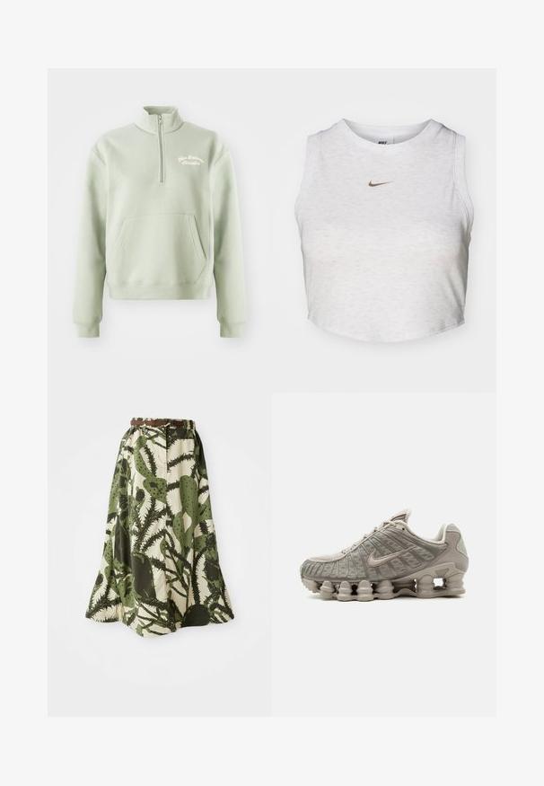 Hellgrüner Reißverschluss-Pullover mit hohem Kragen, Kängurutasche und besticktem "New Balance Athletics"-Logo auf der Brust. Weiche Textur.; Weißes Crop-Top aus weichem, strukturiertem Stoff. Verfügt über einen runden Ausschnitt und einen ärmellosen Schnitt mit einem kleinen goldenen Nike-Logo auf der Vorderseite.; Lange Rock mit einem Kaktusdruck in Grün- und Cremetönen, mit einer taillierten Taille und einem braunen Gürtel zum Verschließen.; Hellbeiger Nike Shox Sneaker mit sichtbarer säulenförmiger Dämpfungssohle und Mesh-Obermaterial.
