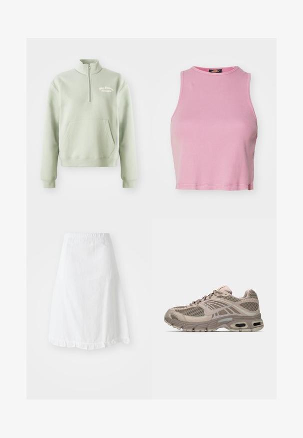 Hellgrüner Reißverschluss-Pullover mit hohem Kragen, Kängurutasche und besticktem "New Balance Athletics"-Logo auf der Brust. Weiche Textur.; Rosa gerippter Cropped-Top mit rundem Halsausschnitt und ärmellosem Design. Besitzt einen Saum, der knapp über der Taille endet.; Weißer Rock mit elastischem Bund, der ein strukturiertes Muster und einen gerafften Saum am unteren Ende aufweist. Einfaches A-Linien-Design.; Beige Sportschuh mit Mesh-Obermaterial, geformten Akzenten, runder Zehenpartie und sichtbarer Luftpolsterung in der Sohle. Schnürsenkel in neutralem Farbton.