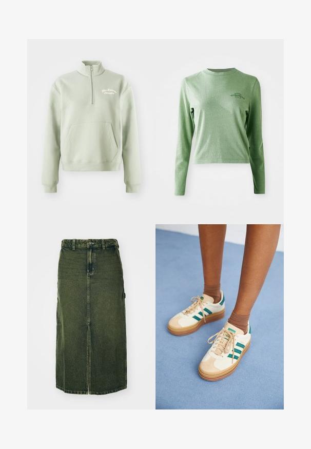 Lysegrøn zip-up sweatshirt med høj krave, kengurulomme og broderet "New Balance Athletics" logo på brystet. Blød tekstur.; Lys grøn langærmet t-shirt lavet af blødt bomuld, med en rund halsudskæring og et lille trykt logo på øverste venstre side.; Grøn denimnederdel med mellemlangt snit, frontslids, knaplukning og bæltestropper. Dens struktur er let falmet, med sidelommer.; Beige sneakers med mørkegrønne striber, gummisål, overdel i ruskind og tekstil samt neutralt hardware, parret med brune sokker på en lyseblå overflade.