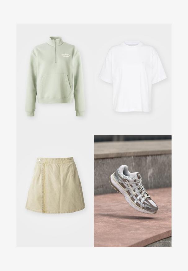 Lysegrøn zip-up sweatshirt med høj krave, kengurulomme og broderet "New Balance Athletics" logo på brystet. Blød tekstur.; Hvid bomulds t-shirt med rund hals, korte ærmer og en afslappet pasform. Har et diskret logo på venstre brystområde. Glat tekstur.; Khaki mini nederdel lavet af blødt stof, med lukning på siden, glat tekstur og en let udvidet silhuet med nederkanten over knæet.; Hvid og grå Nike løbesko svævende over en lyserød betonoverflade med en grå stenmur i baggrunden.