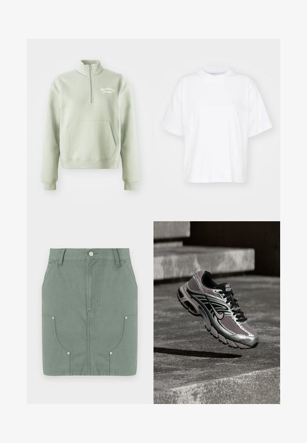Hellgrüner Reißverschluss-Pullover mit hohem Kragen, Kängurutasche und besticktem "New Balance Athletics"-Logo auf der Brust. Weiche Textur.; Weißes Baumwoll-T-Shirt mit Rundhalsausschnitt, kurzen Ärmeln und lockerer Passform. Verfügt über ein dezentes Logo auf der linken Brustseite. Glatte Textur.; Grüne Baumwollrock mit einem taillierten Design, ausgestattet mit vorderen Taschen, glatter Textur und metallischen Hardware-Akzenten an den Taschen.; Nike Air Max Laufschuh mit silbernem, schwarzem und lila Mesh, in der Luft schwebend über einer Betonfläche und Treppen.