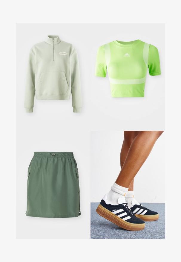 Lysegrøn zip-up sweatshirt med høj krave, kengurulomme og broderet "New Balance Athletics" logo på brystet. Blød tekstur.; Kappet atletisk skjorte i lys grøn stof. Har korte ærmer, rund hals og hvidt diagonalt stribemønster på skuldrene. adidas-logo på fronten.; Khaki grøn nederdel lavet af letvægtsstof, med elastisk talje, sidelommer og en lige pasform med en kantdetalje.; Ben iført hvide sokker og sorte Adidas Gazelle sneakers med hvide striber og tykke brune såler på et gråt tæppe.