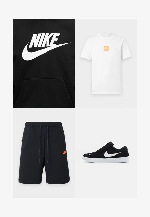 Μαύρο φούτερ με μεγάλη λευκή στάμπα NIKE και το σήμα swoosh τοποθετημένα στο κέντρο πάνω από την μπροστινή τσέπη.; Λευκό κοντομάνικο βαμβακερό μπλουζάκι με μικρό πορτοκαλί τετράγωνο στο στήθος που περιέχει λευκό λογότυπο της Nike και το swoosh.; Μαύρο σορτς Nike με ελαστική μέση, κορδόνι, πλαϊνές τσέπες και μικρό πορτοκαλί λογότυπο Nike στο αριστερό μηρό.; Μαύρο σουέτ αθλητικό παπούτσι με λευκές λεπτομέρειες, διαθέτοντας στρογγυλή μύτη, παχιά λευκή σόλα και μαύρα κορδόνια. Εντυπωσιακό λευκό λογότυπο Nike στο πλάι.