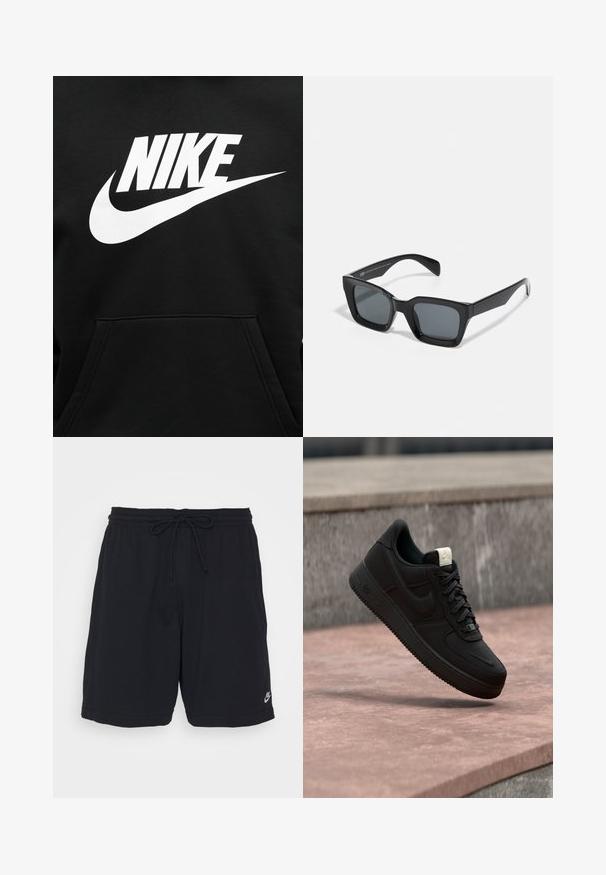 Μαύρο φούτερ με μεγάλη λευκή στάμπα NIKE και το σήμα swoosh τοποθετημένα στο κέντρο πάνω από την μπροστινή τσέπη.; Μαύρα αθλητικά σορτς από μαλακό ύφασμα με ελαστική μέση, κορδόνι και μικρό εκτυπωμένο λογότυπο στο κάτω αριστερό πόδι.; Μαύρο αθλητικό παπούτσι Nike Air Force 1 που αιωρείται πάνω από μια ροζ τσιμεντένια ακμή με γκρι πέτρινο φόντο, δείχνοντας λεπτομέρειες από το πλάι και από πάνω.; Μαύρα ορθογώνια γυαλιά ηλίου με σκούρους φακούς. Πλαστικός σκελετός με γυαλιστερή φινίρισμα, διαθέτοντας φαρδύ γέφυρα και ελαφρώς κεκλιμένα άκρα.