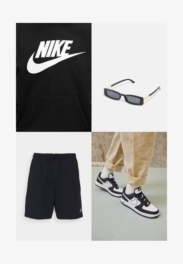 Μαύρο φούτερ με μεγάλη λευκή στάμπα NIKE και το σήμα swoosh τοποθετημένα στο κέντρο πάνω από την μπροστινή τσέπη.; Μαύρα αθλητικά σορτς από μαλακό ύφασμα με ελαστική μέση, κορδόνι και μικρό εκτυπωμένο λογότυπο στο κάτω αριστερό πόδι.; Μαύρα και άσπρα αθλητικά παπούτσια Nike Air Force 1 με δερμάτινη επένδυση, τρυπητή μύτη και υφασμάτινη λεπτομέρεια στην σόλα, φορεμένα με τυλιγμένα μπεζ παντελόνια και λευκές κάλτσες.; Ορθογώνια μαύρα γυαλιά ηλίου με σκούρους φακούς. Λεπτά, επίπεδα βραχίονες με χρυσή λεπτομέρεια. Ομαλή πλαστική κορνίζα με ματ φινίρισμα.