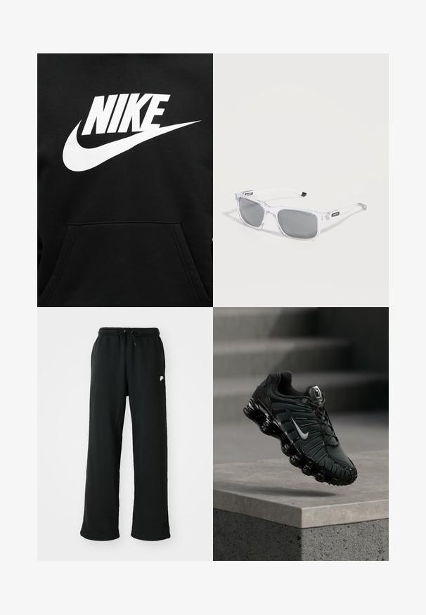 Μαύρο φούτερ με μεγάλη λευκή στάμπα NIKE και το σήμα swoosh τοποθετημένα στο κέντρο πάνω από την μπροστινή τσέπη.; Μαύρες φόρμες από μαλακό ύφασμα, με ελαστική μέση και ρυθμιζόμενο κορδόνι και μια μικρή λογότυπο λεπτομέρεια στο πλάι.; Μαύρο και σκούρο γκρι αθλητικό παπούτσι Nike με λευκό λογότυπο Swoosh, κρεμασμένο πάνω από σκυρόδεμα με σκαλοπάτια στο φόντο.; Γυαλιά ηλίου με διάφανο σκελετό, σκούρους ορθογώνιους φακούς και μαύρες λεπτομέρειες με λογότυπο στα πλαϊνά, τοποθετημένα σε λευκή επιφάνεια.