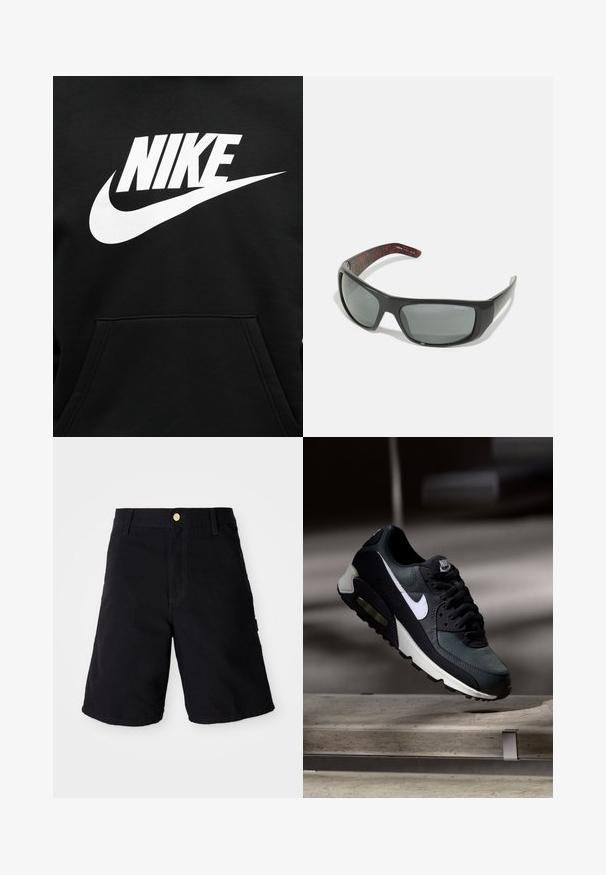 Μαύρο φούτερ με μεγάλη λευκή στάμπα NIKE και το σήμα swoosh τοποθετημένα στο κέντρο πάνω από την μπροστινή τσέπη.; Μαύρα τζιν σορτς με κούμπω, με ίσια γραμμή, πλαϊνές τσέπες και ενισχυμένες ραφές για αυξημένη αντοχή.; Μαύρο και γκρι αθλητικό παπούτσι Nike Air Max με λευκό σήμα, κρεμασμένο πάνω από μια τσιμεντένια επιφάνεια σε θολό σκοτεινό φόντο.; Arnette HOT SHOT - Γυαλιά ηλίου - dark grey