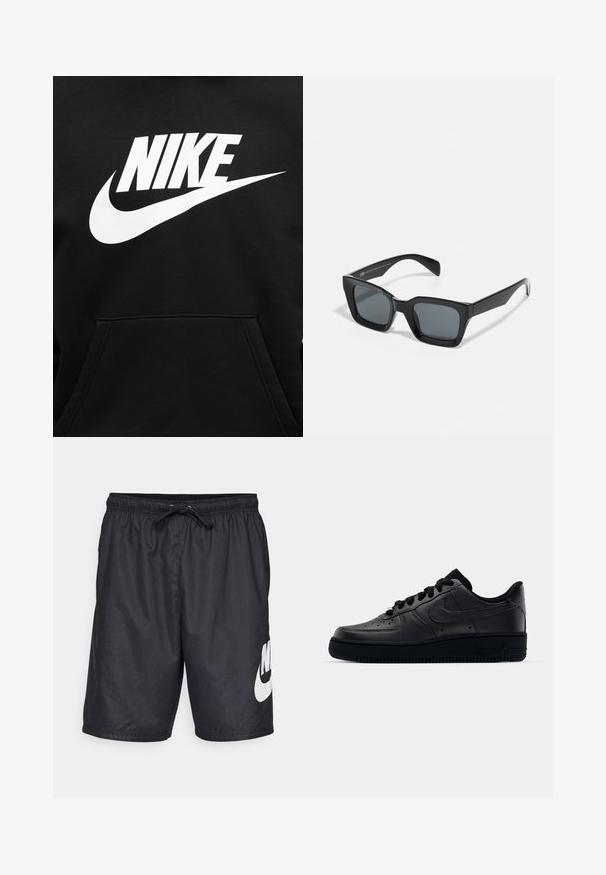 Μαύρο φούτερ με μεγάλη λευκή στάμπα NIKE και το σήμα swoosh τοποθετημένα στο κέντρο πάνω από την μπροστινή τσέπη.; Μαύρες μαγιό σορτς κατασκευασμένες από ελαφρύ υλικό, με ελαστική μέση και κορδόνι και μία μεγάλη λευκή λογότυπο της Nike στο αριστερό πόδι.; Μαύρο παπούτσι Nike Air Force 1 με λείο δερμάτινο άνω μέρος, τρυπητή μύτη για αναπνοή, μαύρες κορδόνες και υφή ελαστικής σόλας.; Μαύρα ορθογώνια γυαλιά ηλίου με σκούρους φακούς. Πλαστικός σκελετός με γυαλιστερή φινίρισμα, διαθέτοντας φαρδύ γέφυρα και ελαφρώς κεκλιμένα άκρα.