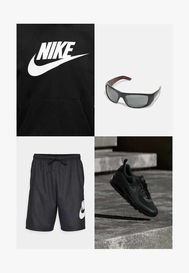 Μαύρο φούτερ με μεγάλη λευκή στάμπα NIKE και το σήμα swoosh τοποθετημένα στο κέντρο πάνω από την μπροστινή τσέπη.; Μαύρες μαγιό σορτς κατασκευασμένες από ελαφρύ υλικό, με ελαστική μέση και κορδόνι και μία μεγάλη λευκή λογότυπο της Nike στο αριστερό πόδι.; Μαύρο αθλητικό παπούτσι Nike Air Max αιωρείται στον αέρα πάνω από μια υφή σκυρόδεμα στο έδαφος με σκάλες από σκυρόδεμα στο παρασκήνιο.; Arnette HOT SHOT - Γυαλιά ηλίου - dark grey