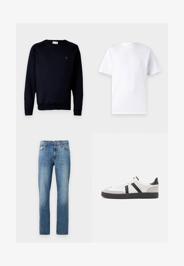 Schwarzer Sweatshirt aus Baumwollmischung, mit Rundhalsausschnitt, langen Ärmeln, gerippten Bündchen und einem kleinen Logo auf der Brust.; Weißes kurzärmeliges T-Shirt aus Baumwolle mit Rundhalsausschnitt, das eine glatte Textur und ein einfaches Design ohne Muster oder Akzente aufweist.; Blaue gerade geschnittene Jeans aus Denim mit fünf Taschen, Knopf- und Reißverschluss, präsentiert vor einem schlichten weißen Hintergrund.; Weiße Sneaker mit schwarz- und grau-aczenten, ausgestattet mit einer strukturierten grauen Zehenkappe, schwarzer Gummi-Sohle und flachen weißen Schnürsenkeln. Sauberes Design, minimalistische Stil.