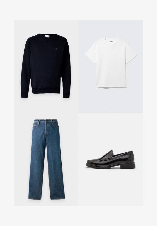 Sort sweatshirt lavet af en blanding af bomuld, med rund halsudskæring, lange ærmer, ribbede manchetter og et lille logo på brystet.; Hvid kortærmet crewneck T-shirt lagt fladt ud, ensfarvet design, med "WEEKDAY" mærkat inde i kraven på en lys baggrund.; Mørkeblå denimjeans med en afslappet pasform, lige ben, fem lommer og kontrasterende syninger. Har en frontknap og lynlås lukning.; Sorte læder loafers med en rund tå, der har en syet detalje over vristen og en lav blokhæl. Glat tekstur og blank finish.