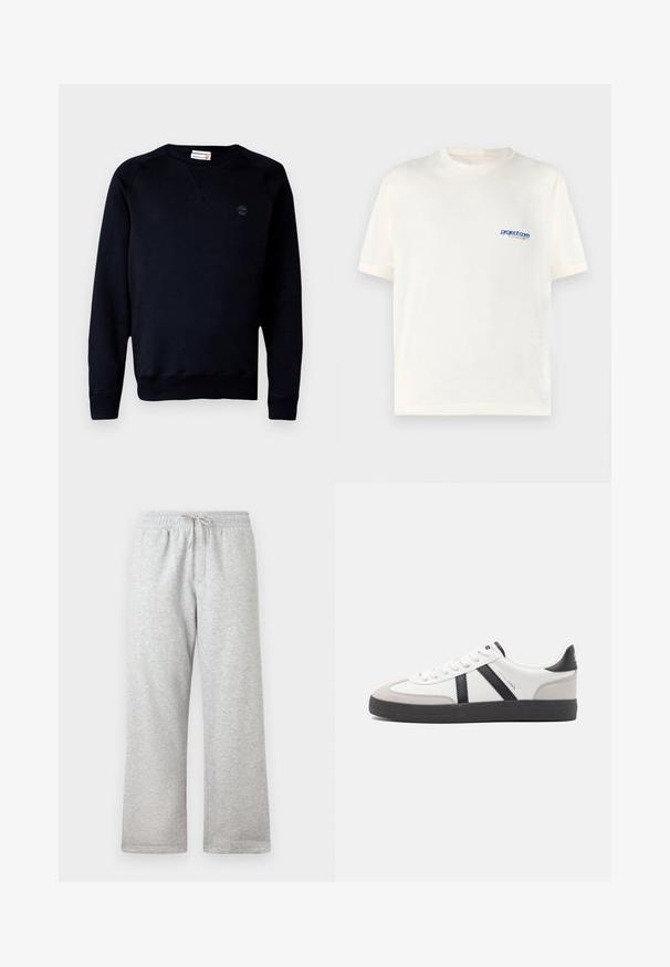 Sort sweatshirt lavet af en blanding af bomuld, med rund halsudskæring, lange ærmer, ribbede manchetter og et lille logo på brystet.; Creme kortærmet t-shirt lavet af blød bomuld, med et lille blåt trykt logo på venstre brystområde. Classic crew neck design.; Lys grå sweatpants med elastisk talje og beige snoretræk, lige pasform, vist mod en hvid baggrund.; Hvide sneakers med sorte og grå detaljer, med en tekstureret grå tåhætte, sort gummisål og flade hvide snørebånd. Rent design, minimalistisk stil.