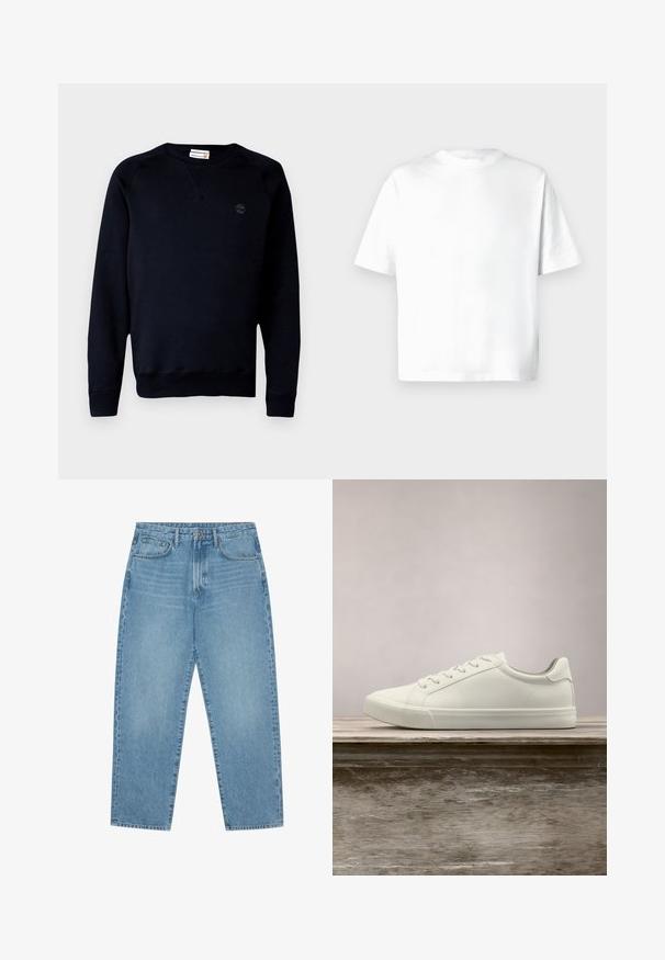 Schwarzer Sweatshirt aus Baumwollmischung, mit Rundhalsausschnitt, langen Ärmeln, gerippten Bündchen und einem kleinen Logo auf der Brust.; Weißes Kurzarm-T-Shirt aus weicher Baumwolle, mit Rundhalsausschnitt und lockerem Sitz, ohne Muster oder Grafiken. Glatte Textur.; Hellblaue Jeans aus Denim mit geradem Bein, Fünf-Taschen-Design und leicht verwaschener Textur. Mit Knopf- und Reißverschluss ausgestattet.; Weiße Schnürsneaker, die über einer Holzbank mit grünem Laub im Hintergrund schweben und das Schuhdesign sowie die Textur zeigen.