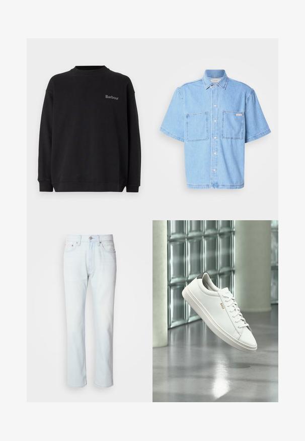 Schwarzer Sweatshirt aus weichem Material, mit Rundhalsausschnitt und langen Ärmeln. Kleines graues "Barbour"-Logo auf der linken Brust.; Helles blaues Jeanshemd mit kurzen Ärmeln und Knopfleiste, zwei Brusttaschen und klassischem Kragen. Auffällige Stickdetails.; Hellblaue Jeans mit geradem Bein. Verfügt über einen Knopfverschluss und Gürtelschlaufen, präsentiert eine ausgebleichte Textur und minimale Nähte.; Weißer Leder-Low-Top-Sneaker mit Schnürsenkeln, schwarzer Fersenschlaufe und „BOSS“-Logo, der drinnen nahe einer Glassteinwand und einem polierten Boden schwebt.