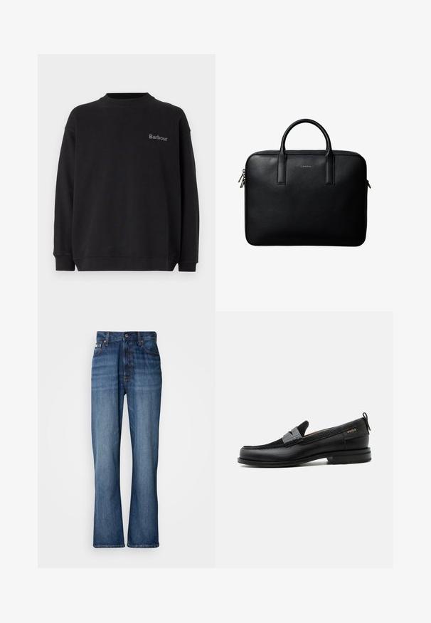 Must mustärk, pehmest kangast, ümmarguse kaeluse ja pikkade käistega. Vasal vasakul rinnal väike hall "Barbour" logo.; Sinine denim kangas, kõrge vöökoht, laienevad sääred, viie tasku disain ja tooni õmblused. Omab nööpidega sulgemist ja poppers taskuid.; Must nahast loafer halli rihma detailiga, madala kand ja tekstuurse tallaga, külgedel kuldse "HUGO" brändiga.; Mustast tekstuuriga nahast portfell kahe käsitsemisvõimalusega ja hõbedaste tõmblukuga, valge tausta keskel.