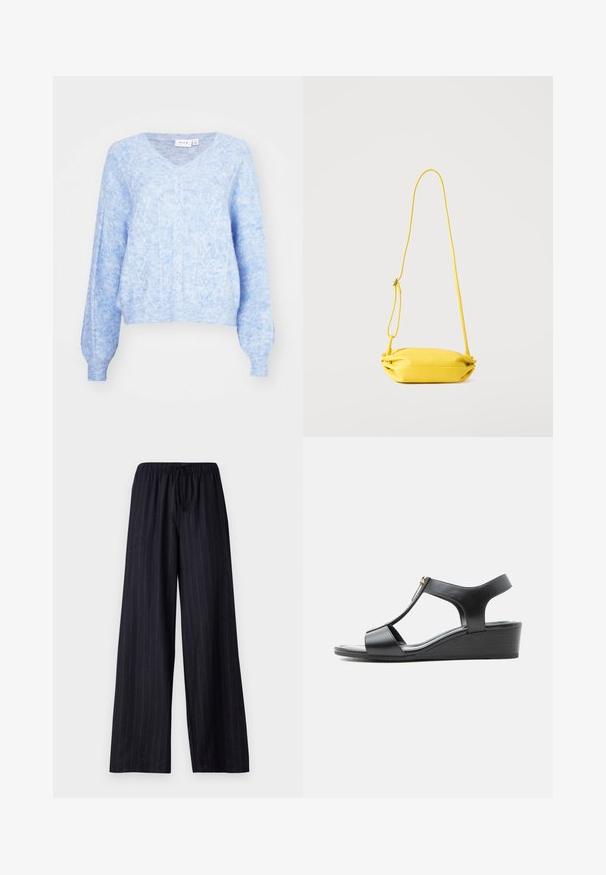 Pull en V bleu clair avec un motif en torsades texturé, manches longues et bords côtelés. Tissu doux et léger avec une coupe décontractée.; Pantalons larges à rayures noires avec une taille élastique et un cordon de serrage. Fabriqués dans un tissu lisse sans fermetures ni poches visibles.; Sandale compensée noire en cuir avec bout ouvert, design à bride en T et détail de fermeture éclair dorée sur une semelle plate sur fond blanc.; Sac bandoulière jaune avec sangle fine réglable, structure souple et fermeture éclair, présenté sur un fond clair uni.
