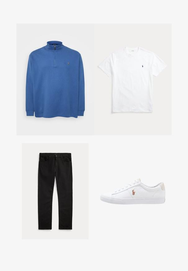 Blå zip-up pullover lavet af blødt stof med lange ærmer, høj krave og et lille logo på brystet. Struktureret design hele vejen igennem.; Hvid T-shirt med korte ærmer og rund hals med lille navyblåt broderet polo-spiller logo på venstre bryst.; Sorte denim jeans med lige ben, fem-lomme design og subtil tekstur. Metalknap og lynlås lukning.; Hvide kanvas sneakers med lågtop design, prydet med en beige hælkappe og et lille broderet logo på siden. Gummisål.