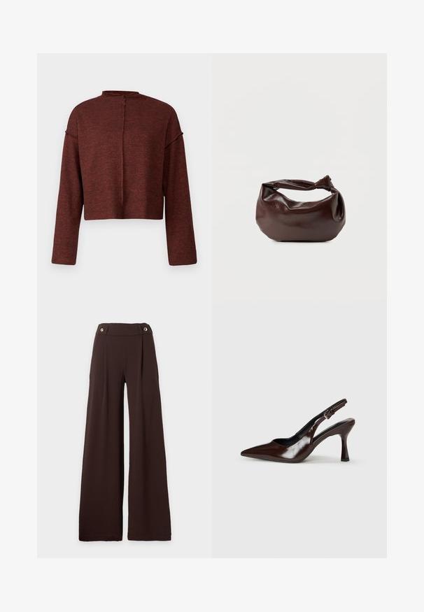Pull court en bordeaux, fabriqué en tissu texturé. Il dispose de manches longues et d'un col haut avec un détail de bouton à l'arrière.; Pantalon large marron foncé taille haute avec des boutons dorés sur la ceinture, sur fond blanc.; Talons slingback en cuir verni brun avec un bout pointu, un talon fin, et une sangle réglable avec une petite boucle.; Sac bandoulière en cuir marron foncé avec une forme souple et décontractée et une anse nouée torsadée sur un fond blanc uni.