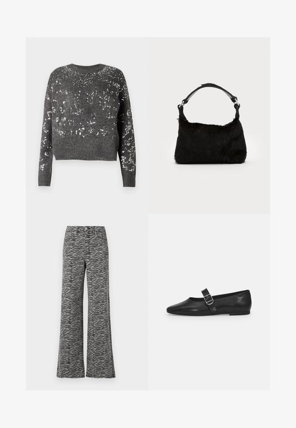 ONLY ONLALTA SEQUIN O NECK - Pullover - dark grey; Pantalons gris taille haute avec un motif rayé noir de tigre, jambes droites et larges, fermeture par bouton et zip, et poches avant.; Chaussure plate en cuir noir avec un bout arrondi, une seule sangle réglable à boucle et une texture lisse et brillante. Design minimaliste avec un petit talon.; Sac à main en fausse fourrure noire avec une texture douce, une forme arrondie et une bandoulière en cuir noir robuste. Accent en métal argenté visible.