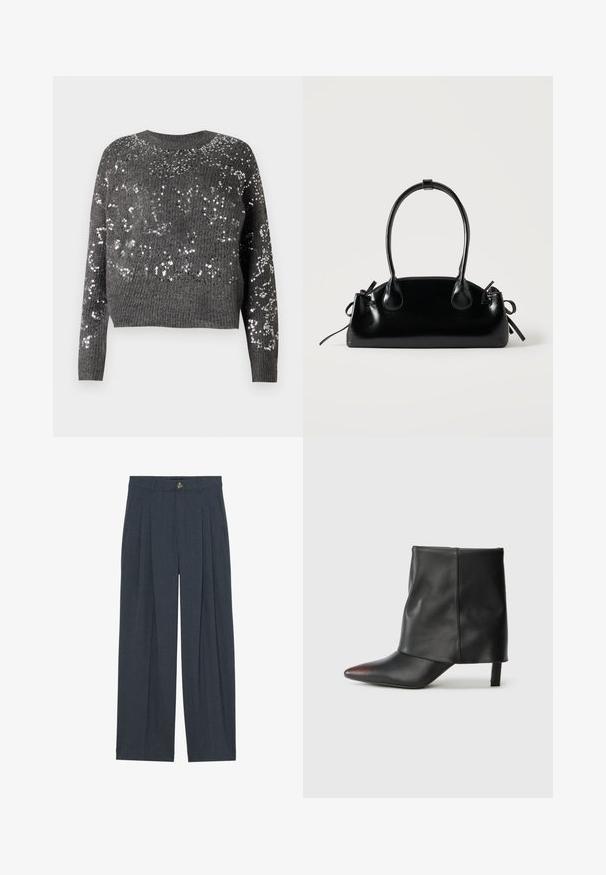 ONLY ONLALTA SEQUIN O NECK - Pullover - dark grey; Pantalons larges en tissu texturé gris foncé, avec des plis avant, une fermeture à bouton et des poches latérales pour plus de fonctionnalité.; Bottine noire en cuir lisse avec un bout pointu et un talon effilé. La tige présente un design légèrement froncé.; Petit sac à main noir brillant avec deux longues anses et des détails à cordon sur les côtés sur un fond clair uni.