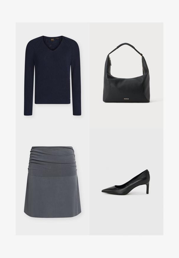 Pull en maille bleu marine à col en V et manches longues avec texture côtelée, fabriqué à partir de fil italien, étiqueté BOSS à l’intérieur du col.; Jupe gris foncé avec une ceinture froncée et un tissu lisse en ligne A en dessous, présentée sur un fond blanc.; Escarpin à bout pointu en cuir noir avec un talon fin de hauteur moyenne sur un fond gris clair uni.; Sac à épaule en cuir noir avec anse tressée, détail de fermeture éclair dorée et petit logo "HUGO" doré au centre à l'avant.