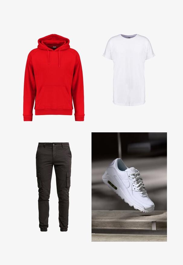 Rød hættetrøje lavet af blødt stof, med en frontlomme, snoretræk i hætten og ribbet manchetter og kant. Enkel design uden synlige logoer.; Hvid bomulds t-shirt med korte ærmer, rund halsudskæring og en afslappet pasform. Glat tekstur og ingen synlige mønstre eller designs.; Sorte cargo bukser lavet af en blanding af bomuld, med sidelommer, elastiske manchetter, knaplukning og en glat, mat overflade.; Hvide lædersneakers med teksturerede overflader, polstret krave og synlig luftpolstring i sålen. Har snørrebånd og et minimalistisk design.
