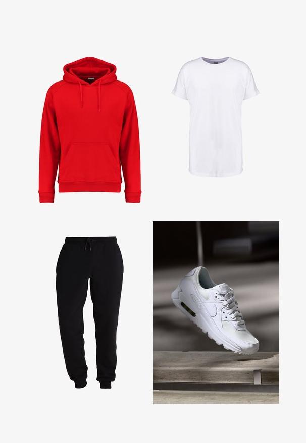 Rød hættetrøje lavet af blødt stof, med en frontlomme, snoretræk i hætten og ribbet manchetter og kant. Enkel design uden synlige logoer.; Hvid bomulds t-shirt med korte ærmer, rund halsudskæring og en afslappet pasform. Glat tekstur og ingen synlige mønstre eller designs.; Svarte sweatpants lavet af blødt stof, med en elastisk talje med snor, tapered benåbninger og sidelommer.; Hvide Nike Air Max 90 sneakers med en overdel i mesh og læder, perforeret tåboks og en synlig luftenhed i hælen.
