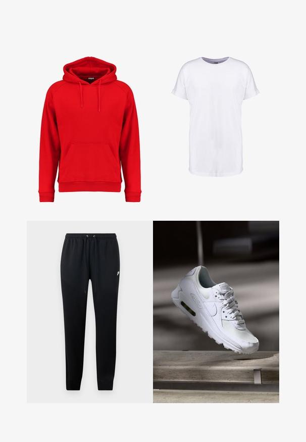 Κόκκινη hoodie φτιαγμένη από μαλακό ύφασμα, με μπροστινή τσέπη, κουκούλα με κορδόνι και ribbed μανσέτες και στρίφωμα. Απλός σχεδιασμός χωρίς ορατά λογότυπα.; Απλή λευκή κοντομάνικη μπλούζα με γυρισμένα μανίκια και στρογγυλή λαιμόκοψη, εμφανιζόμενη σε λευκό φόντο.; Μαύρες φόρμες από μαλακό ύφασμα, με ελαστική μέση και κορδόνια, με μανσέτες στους αστραγάλους και μια μικρή λεπτομέρεια λογότυπου στο πλάι.; Λευκό αθλητικό παπούτσι Nike Air Max 90 με άνω μέρος από διχτυωτό και δερμάτινο υλικό, τρυπητό μπροστινό μέρος και ορατή μονάδα αέρα στη φτέρνα.