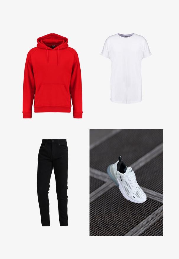 Rød hættetrøje lavet af blødt stof, med en frontlomme, snoretræk i hætten og ribbet manchetter og kant. Enkel design uden synlige logoer.; Neutral hvid kortærmet t-shirt med op rullede ærmekanter og rund halsudskæring, vist på en hvid baggrund.; Sorte denimjeans med slim fit, med mellemhøj talje, fem lomme-design og diskrete stikninger. Glat tekstureret stof.; Hvide atletiske sneakers med perforeret mesh-overdel, sorte accenter, synlige snørebånd og en gennemsigtig luftdæmpningssål.