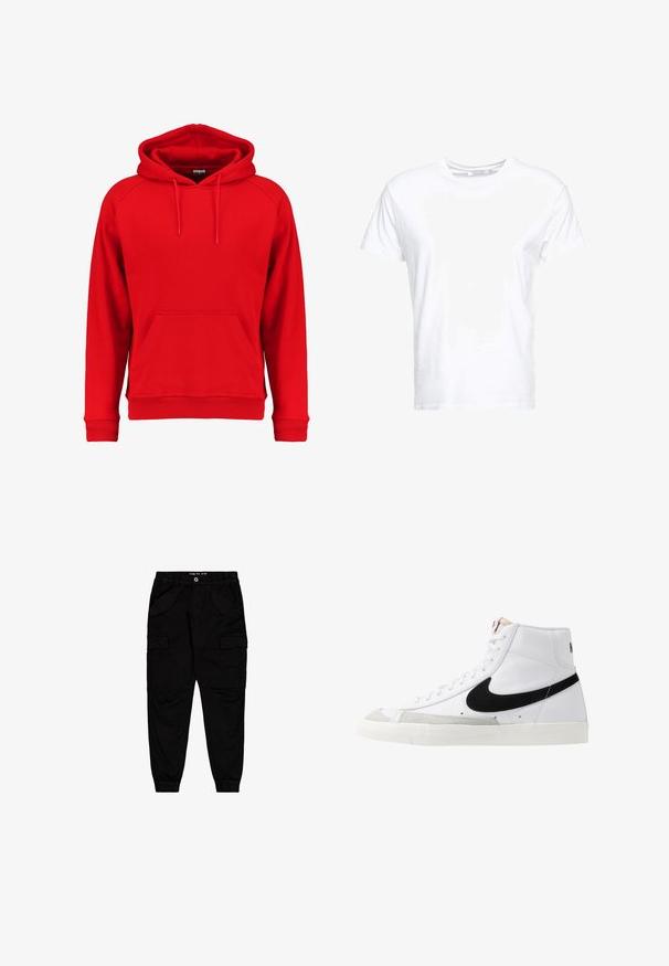 Sweat à capuche rouge en tissu doux, avec une poche avant, un cordon de serrage à la capuche et des poignets et un ourlet côtelés. Design simple sans logos visibles.; T-shirt en coton blanc avec un col rond et des manches courtes, au fit classique et à la texture lisse. Aucun motif ni accessoire visible.; Pantalons cargo noirs en coton, dotés de deux poches avant et de deux poches cargo sur les côtés, avec des poignets et une taille élastiqués.; Baskets montantes blanches avec un swoosh noir, un capuchon de pied texturé gris et une semelle plate blanche. Elles possèdent six œillets et des accents cousus.
