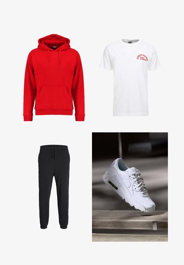 Sweat à capuche rouge en tissu doux, avec une poche avant, un cordon de serrage à la capuche et des poignets et un ourlet côtelés. Design simple sans logos visibles.; T-shirt en coton blanc à manches courtes, col rond, avec le texte imprimé rouge "DREAM DÖNER TASTY & FRESH" sur la zone de la poitrine gauche.; Pantalons de survêtement noirs en tissu doux, avec une taille élastique munie d'un cordon de serrage et des poignets élastiques aux chevilles.; Baskets blanches en cuir avec des surfaces texturées, un col rembourré et un amorti d'air visible dans la semelle. Elles possèdent des lacets et un design minimaliste.