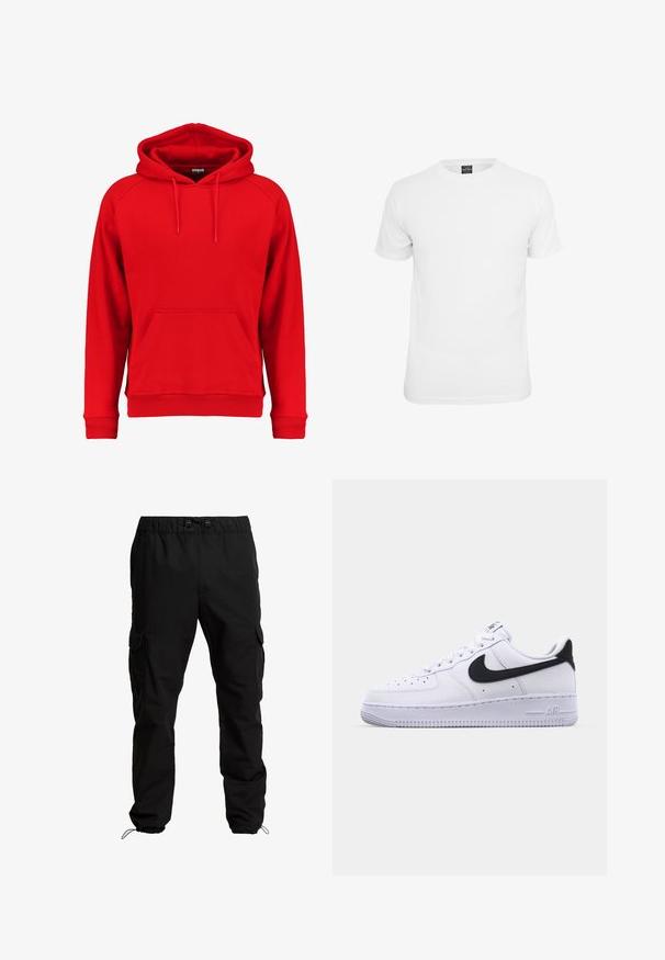 Rød hættetrøje lavet af blødt stof, med en frontlomme, snoretræk i hætten og ribbet manchetter og kant. Enkel design uden synlige logoer.; Hvid kortærmet t-shirt, lavet af bomuld, med en klassisk rund hals og en glat tekstur, designet til afslappet brug.; Sorte cargobukser lavet af slidstærkt stof, med elastisk talje, justerbare snore og sidelommer med klaplukninger.; Hvide lædersneakers med en struktureret sort Swoosh, flade snørebånd og en gummisål med et rillemønster. "AIR" er præget på hælen.